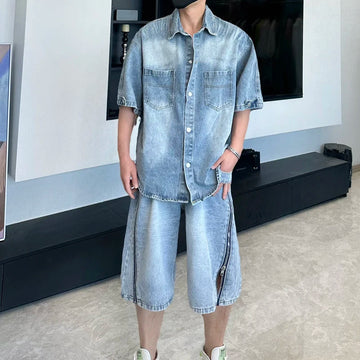 AIDASE  -  American Style Men's Denim Shirt Set 2025 Summer New Washed Short Sleeve shirts Cool Casual Shorts Trend two-piece 21E6467 aidase-shop